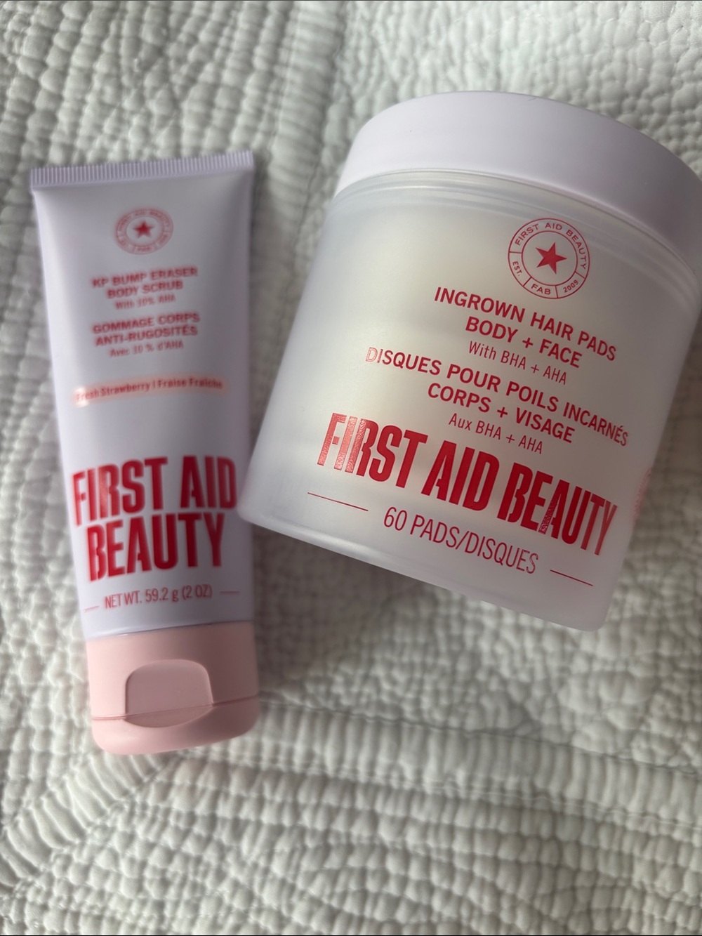 First Aid Beauty NEW ingrown hair pads and KP Bump eraser body scrub strawberry